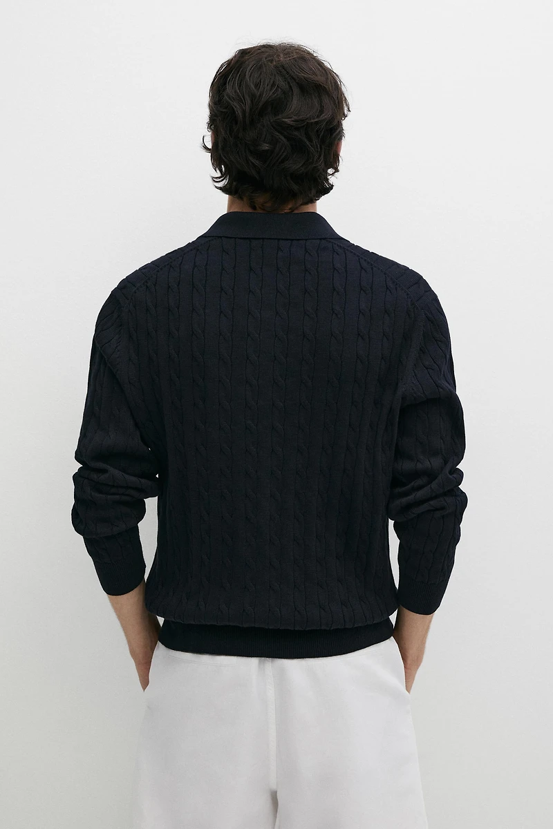 Pull polo en maille tressée 100 % coton