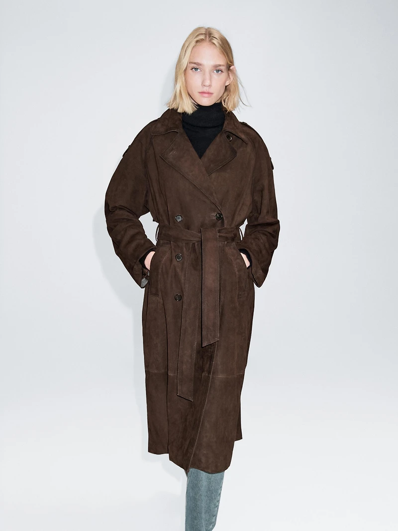 Long suede leather trench coat