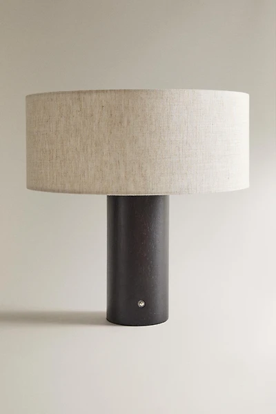 LARGE WOOD AND LINEN CORDLESS TABLE LAMP