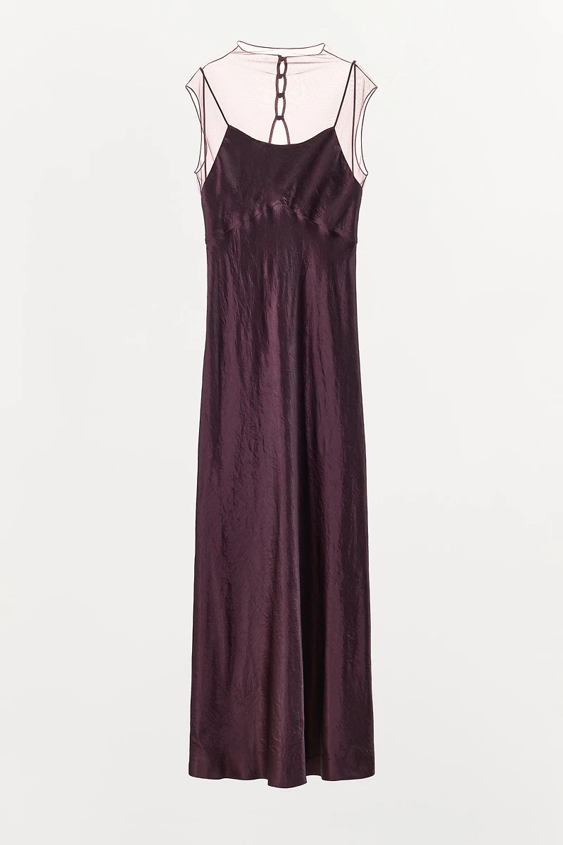 LONG SATIN EFFECT MESH DRESS