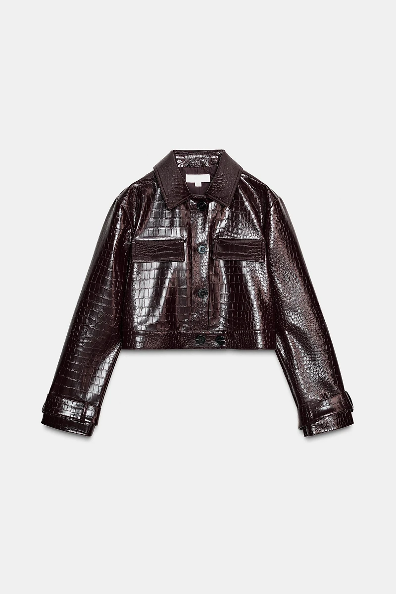 CROPPED FAUX LEATHER ANIMAL EMBOSSED JACKET
