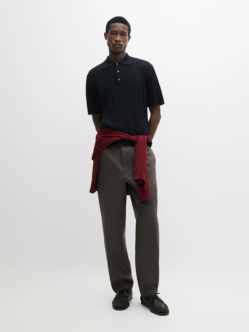 Cotton blend cable-knit polo sweater