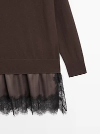 Long knit sweater with contrast lace