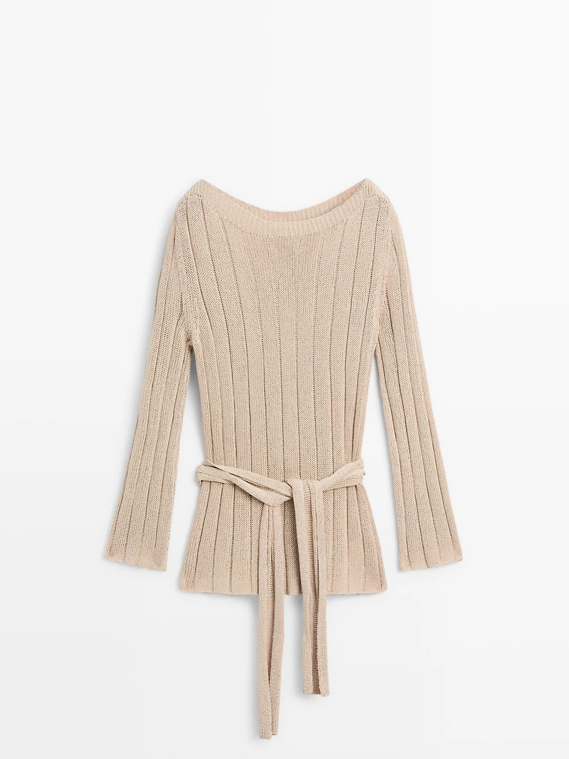 Cotton blend knit boat neck sweater