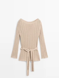 Cotton blend knit boat neck sweater