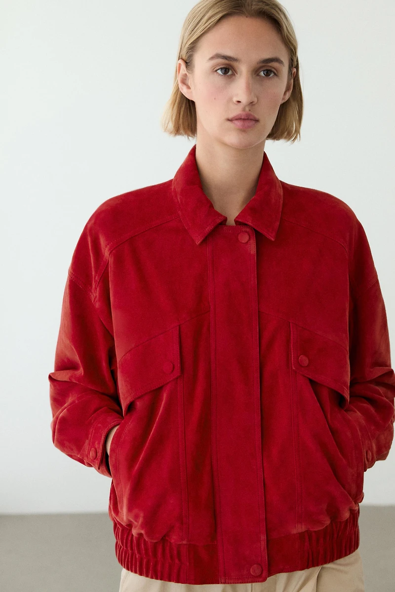Suede leather bomber jacket with pocket details