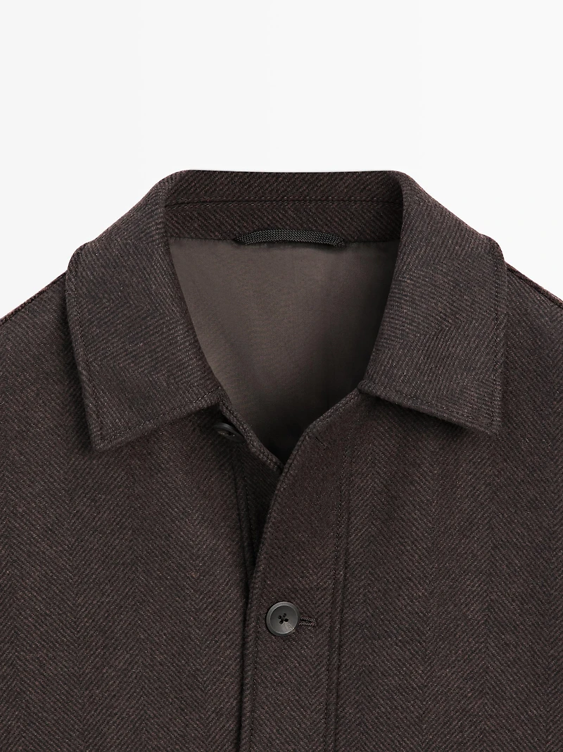 Mid-length herringbone wool blend coat