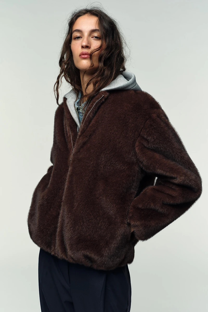 FAUX FUR COMBINATION BOMBER JACKET