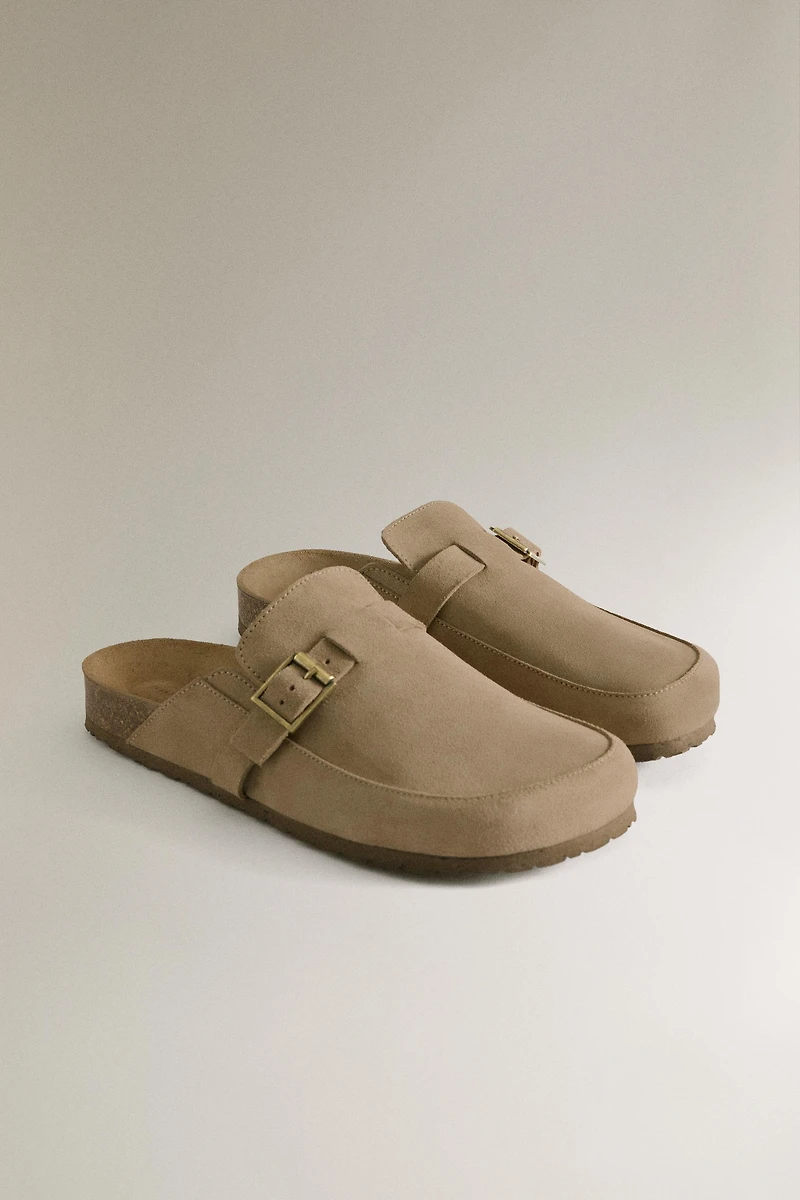 LEATHER MULE CLOG SLIPPERS WITH BUCKLE