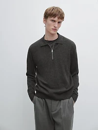 Knit wool blend polo sweater with zip