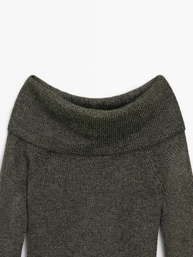 Off-the-shoulder knit sweater with metallic finish