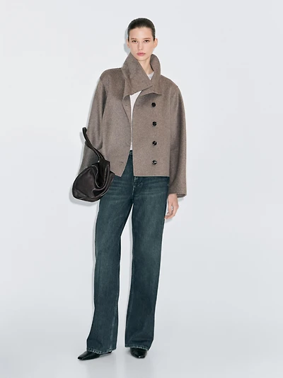 Manteau court à col montant en laine mélangée