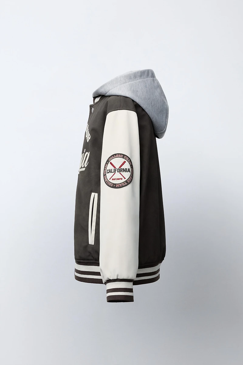 HOODIE BOMBER JACKET WITH FAUX LEATHER SLEEVES