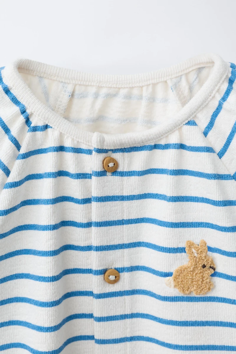 EMBROIDERED BUNNY STRIPED JUMPSUIT