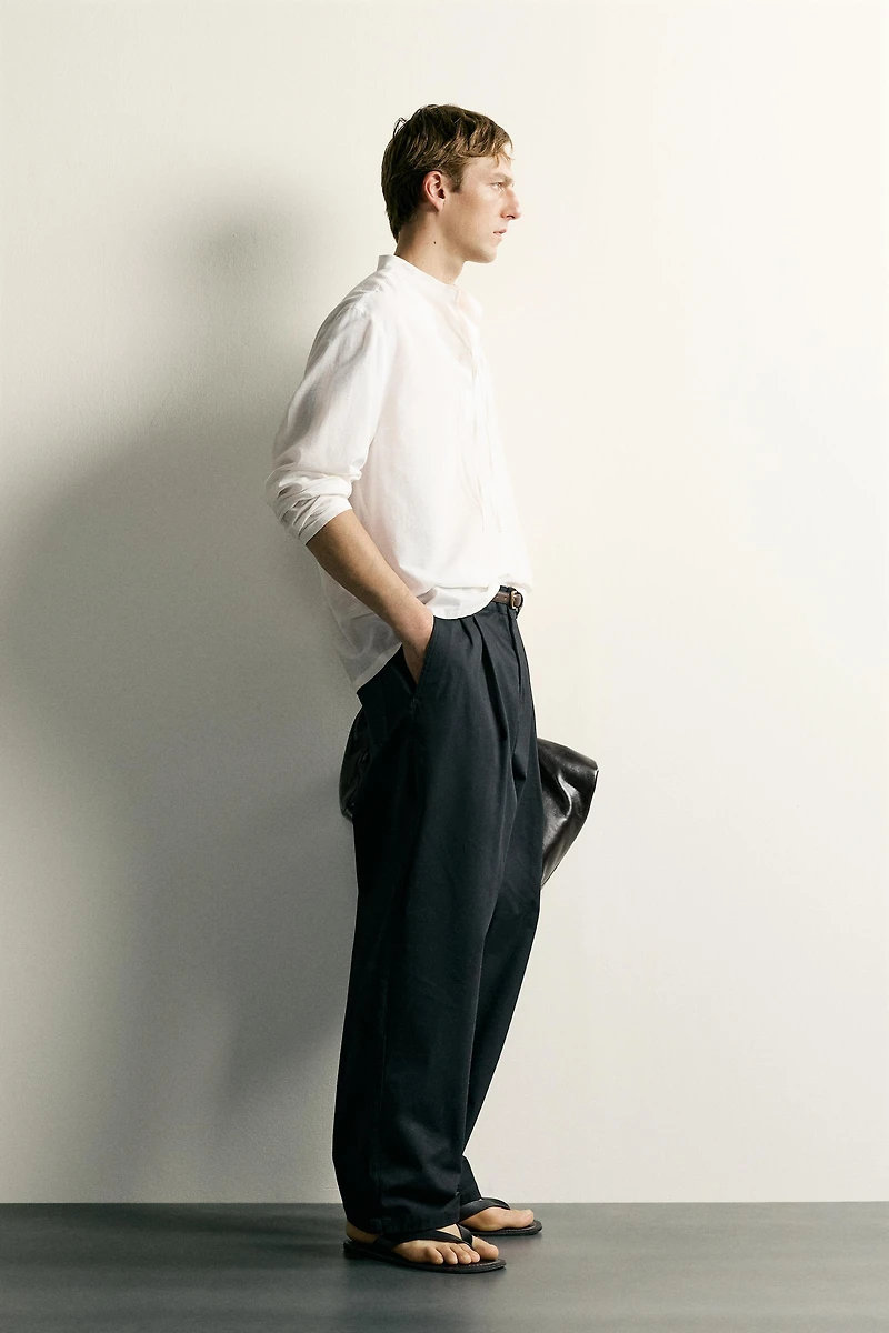 COTTON VISCOSE TIE DETAIL RELAXED FIT SHIRT