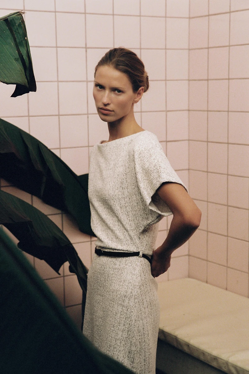 TEXTURED BELTED MIDI DRESS