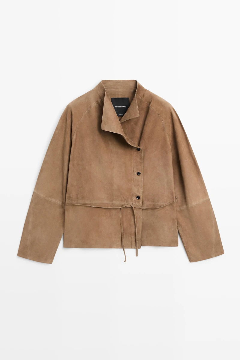 Suede leather jacket with drawstring