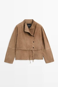 Suede leather jacket with drawstring