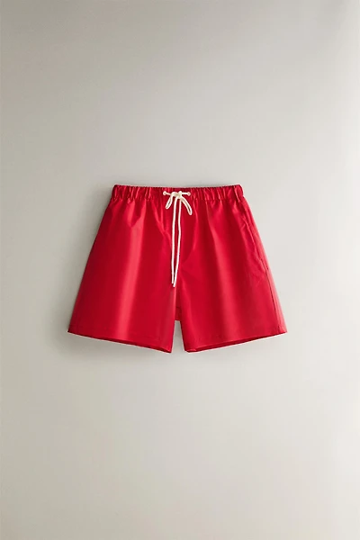 RED MID-LENGTH BEACH SHORTS