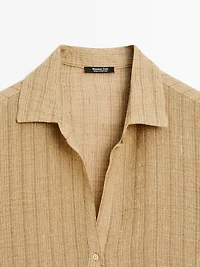 Linen blend open polo collar blouse