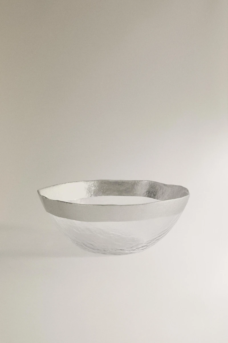 EMBOSSED GLASS BOWL WITH SILVER RIM