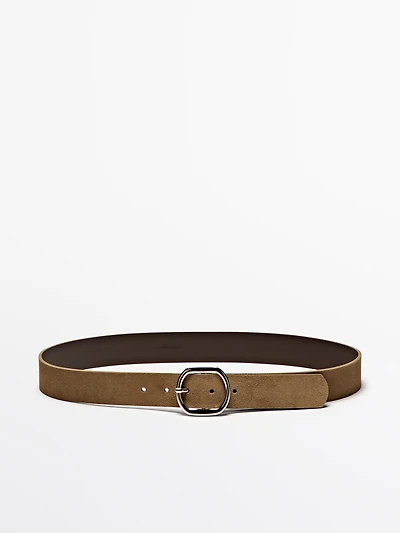 Split suede leather belt with oval buckle