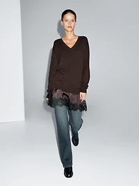 Long knit sweater with contrast lace