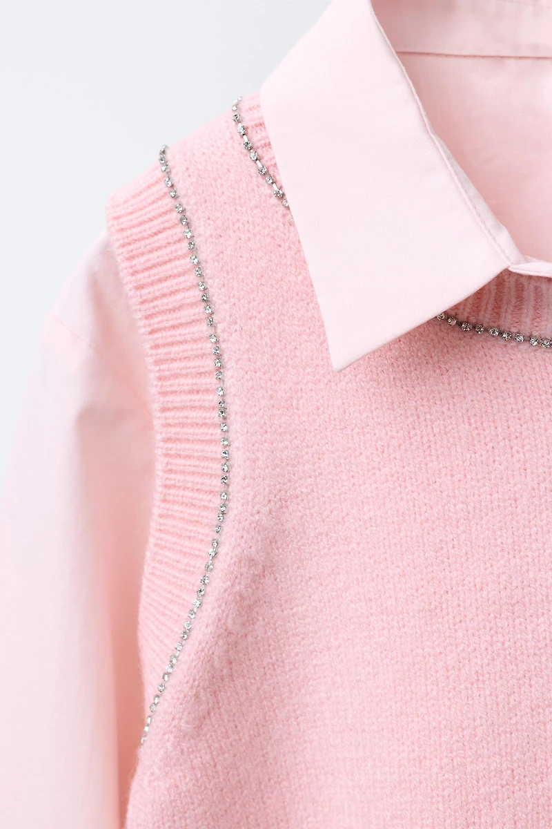 RHINESTONE VEST POPLIN SHIRT