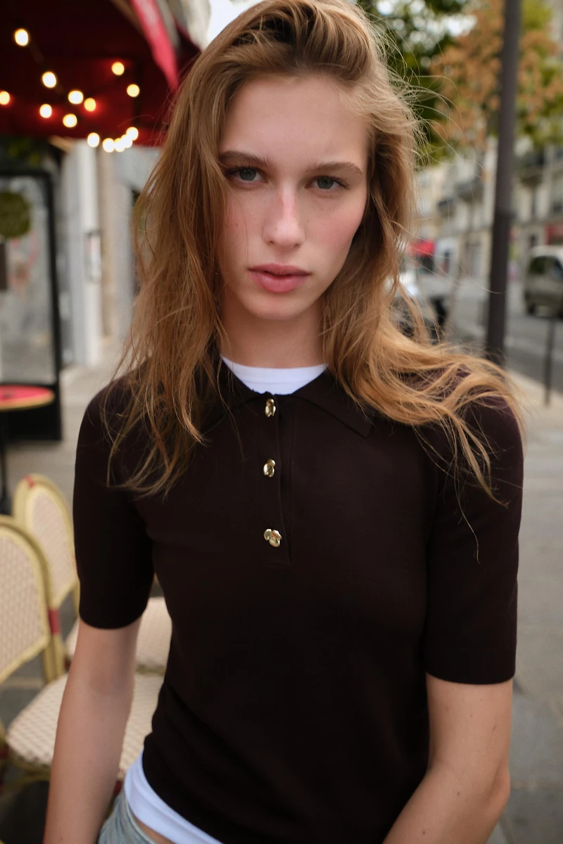 SHORT SLEEVE KNIT POLO TOP