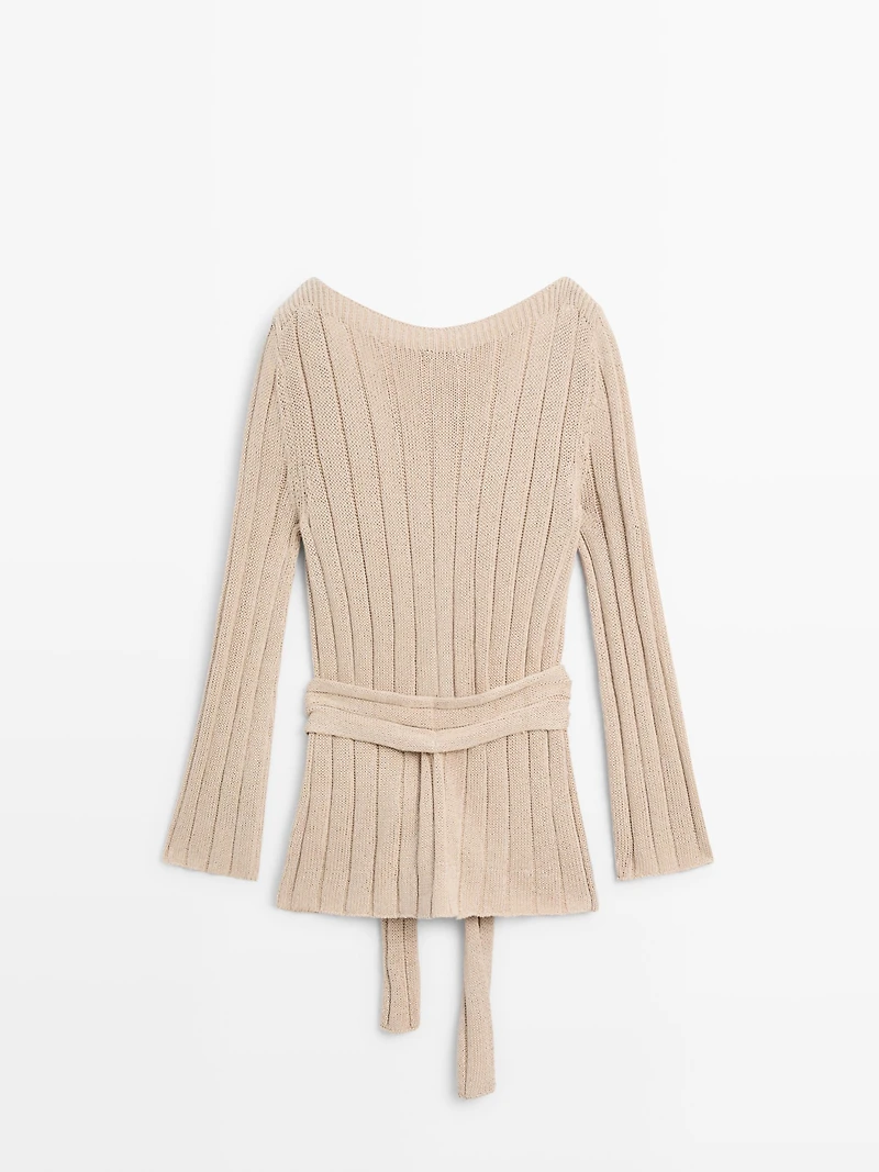 Cotton blend knit boat neck sweater