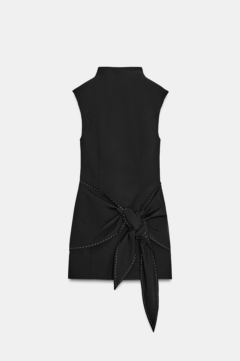 SHORT TOPSTITCH TIE DRESS