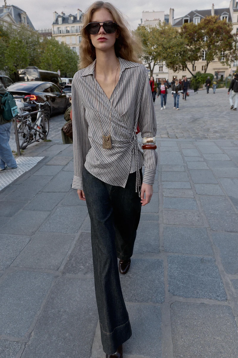 STRIPED WRAP SHIRT WITH BOW