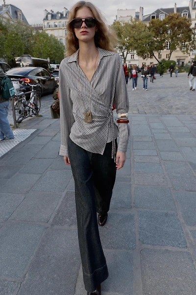 STRIPED WRAP SHIRT WITH BOW