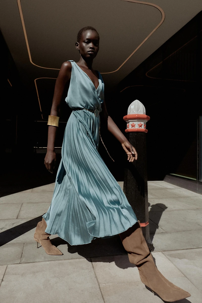 BELTED PLEATED MIDI DRESS