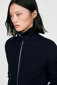 100% cotton knit cardigan with high neck detail