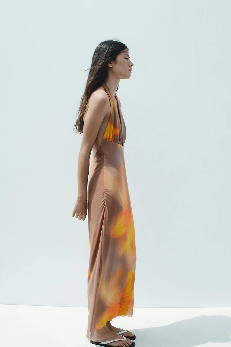 PRINTED TULLE MIDI HALTER DRESS