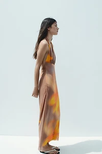 PRINTED TULLE MIDI HALTER DRESS