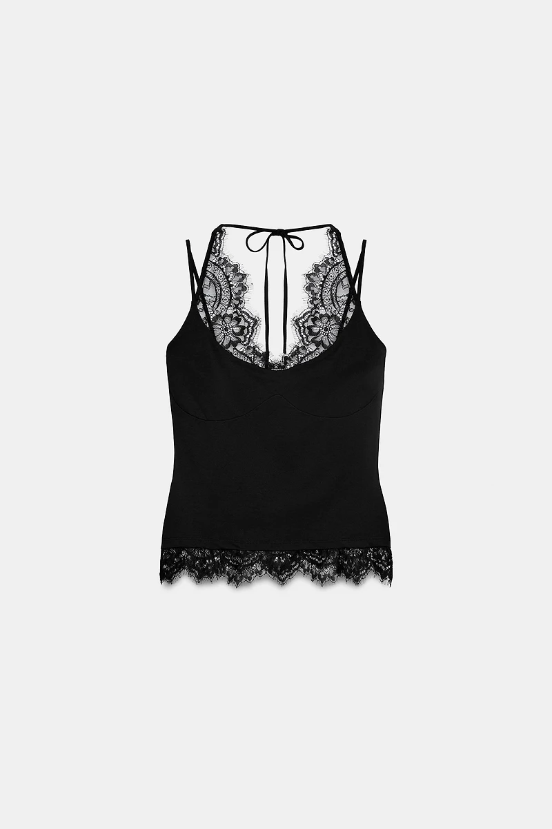 CONTRAST LACE HALTER TOP