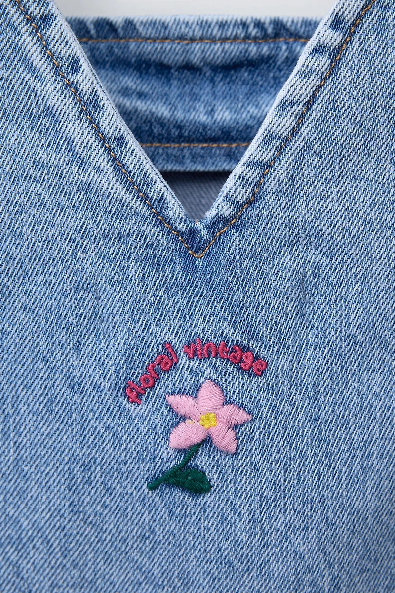 EMBROIDERED FLORAL DENIM PINAFORE DRESS