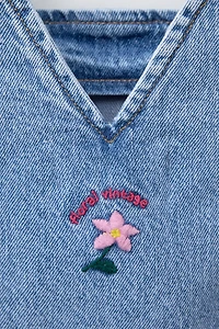 EMBROIDERED FLORAL DENIM PINAFORE DRESS