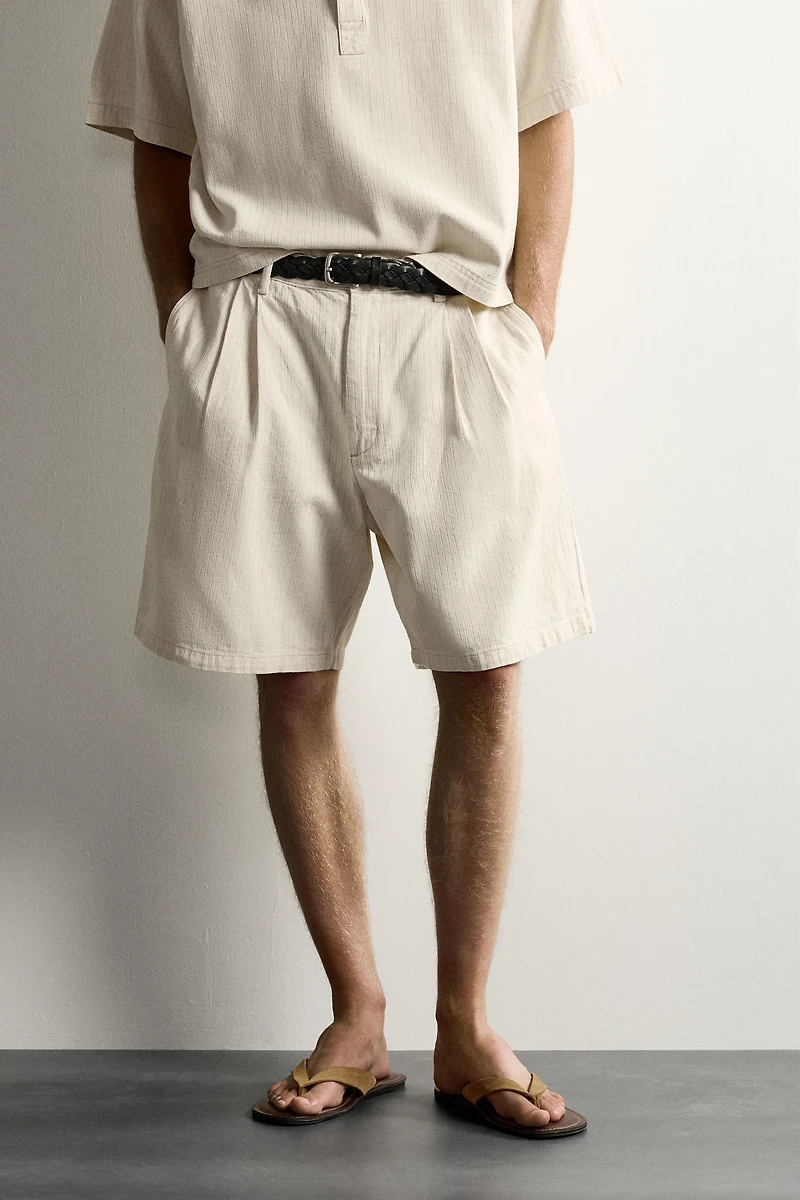 WIDE FIT STRIPED PLEATED SHORTS