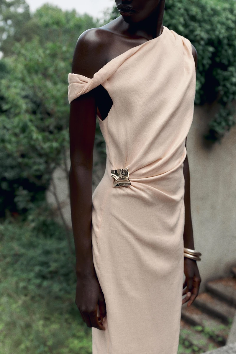 ASYMMETRIC LINEN-BLEND MIDI DRESS WITH APPLIQUÉ