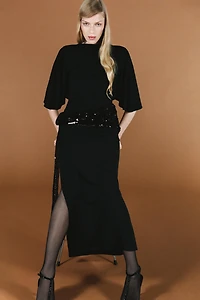 SEQUIN CUMMERBUND MIDI DRESS