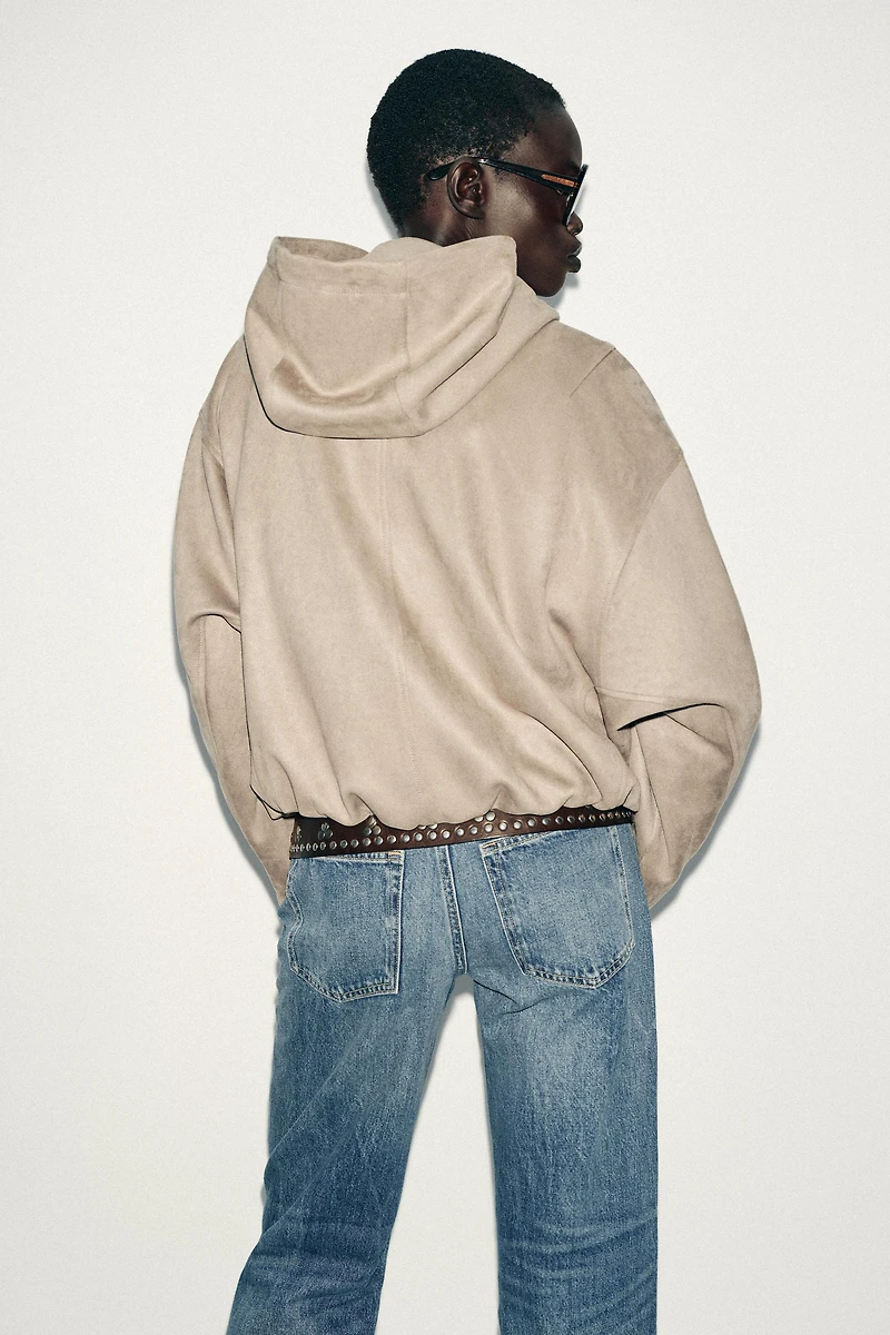 FAUX SUEDE HOODED BOMBER JACKET