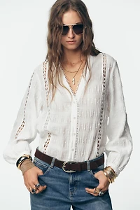 DOTTED MESH LACE TRIM BLOUSE