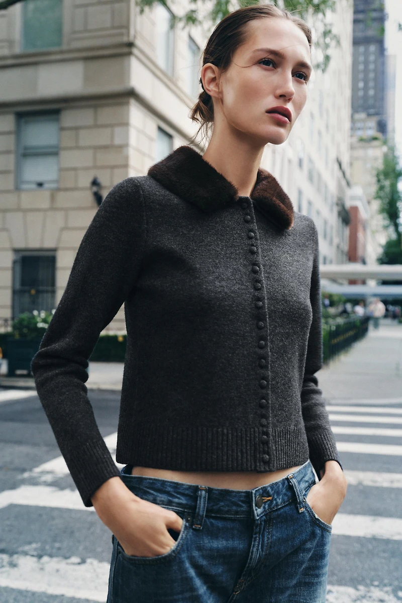 VESTE EN MAILLE À REVERS EFFET FOURRURE