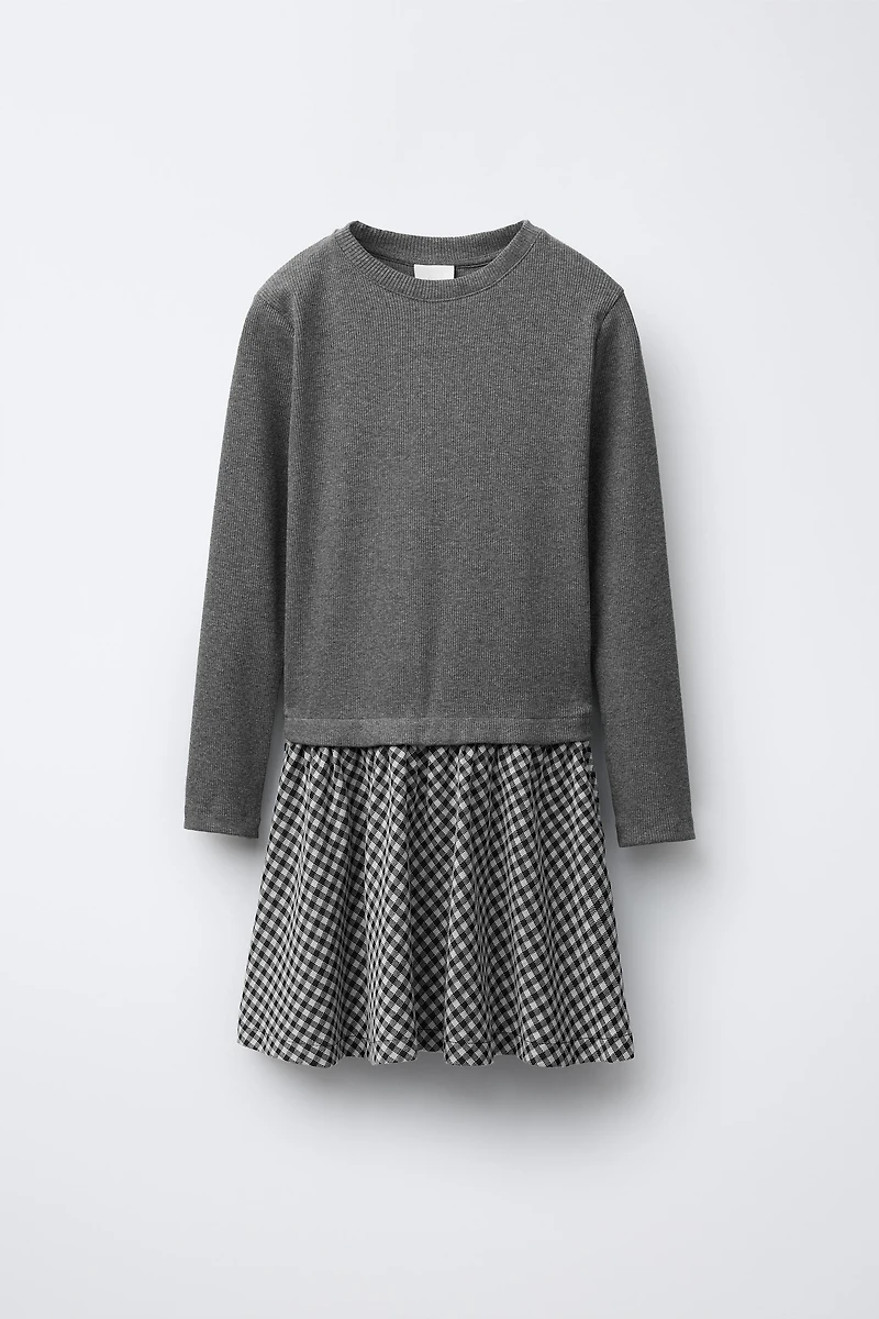 RIB KNIT COMBINATION PLAID SKIRT DRESS