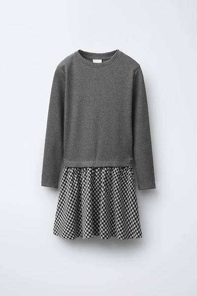 RIB KNIT COMBINATION PLAID SKIRT DRESS