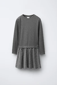 RIB KNIT COMBINATION PLAID SKIRT DRESS