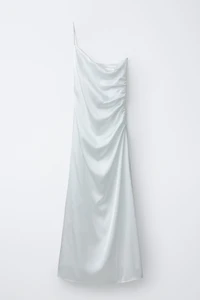 ROBE ASYMÉTRIQUE SATINÉE À BRETELLES STRASS